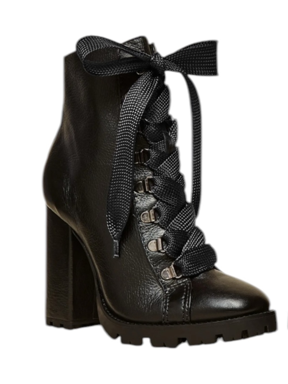 Schutz Zhara Black Leather Lace-Up Block Heel Lug Sole Boots - Picture 2 of 11